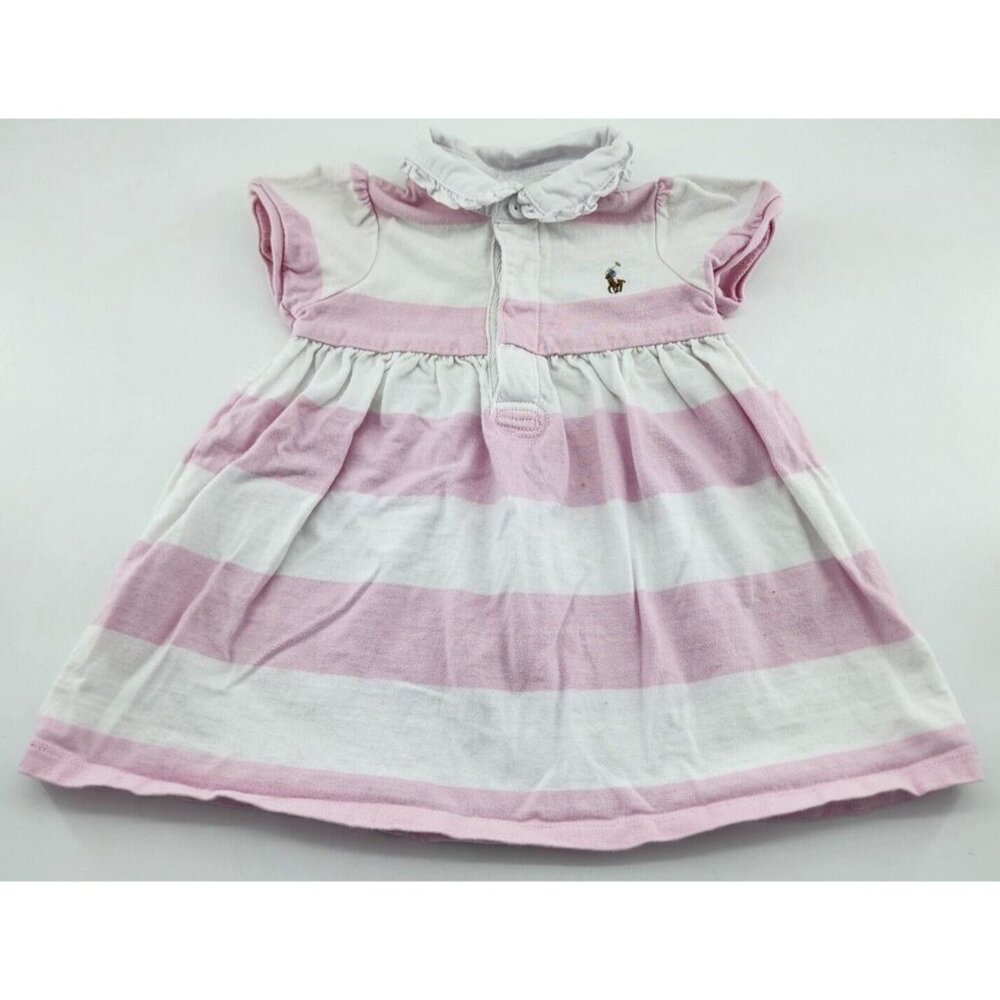 Ralph Lauren Baby Girl Short Sleeve Collared Polo Dress Pink/White Striped Sz 9M
